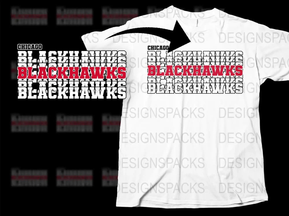 Chicago Blackhawks layered text design on white t-shirt, print-ready for DTF DTG