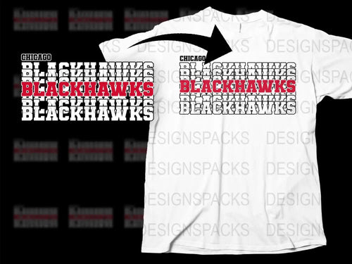 Chicago Blackhawks layered text design on white t-shirt, print-ready for DTF DTG