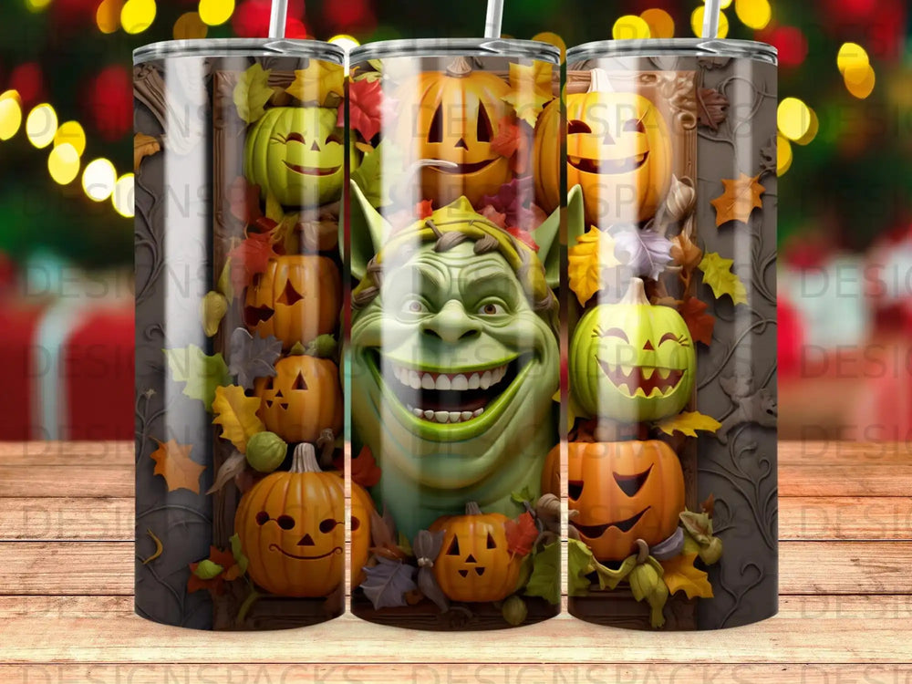 Green ogre character with pumpkins, fall leaves, and holiday lights.