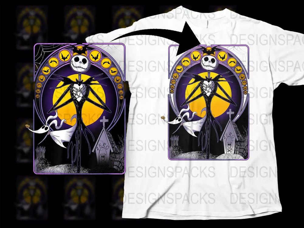 Jack Skellington Halloween t-shirt design with bats, moon, and Zero in spooky graveyard scene