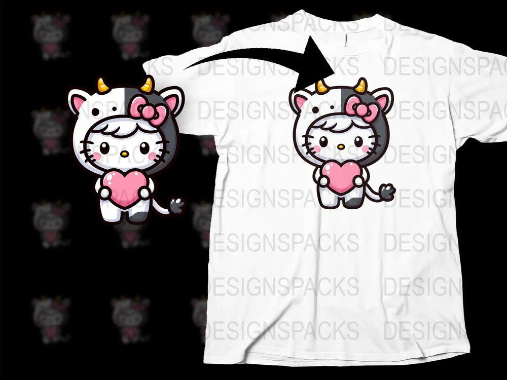 Cute cow cat holding pink heart, print-ready design for t-shirts
