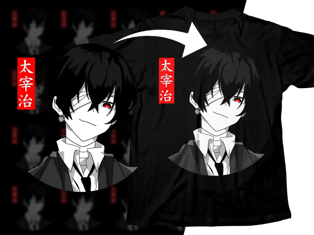 Anime character with red eyes and black hair on black t-shirt, featuring Japanese text design