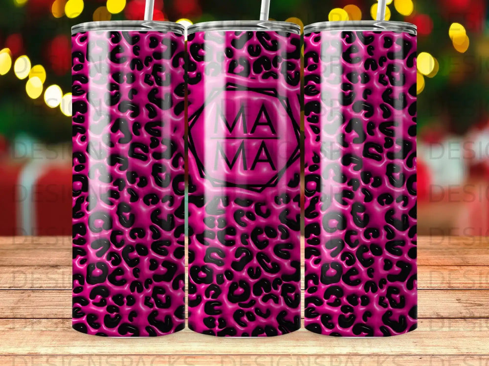 Pink leopard print tumbler with "Mama" text in a diamond shape.