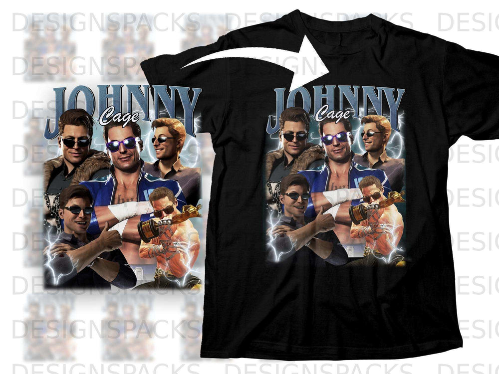 Johnny Cage graphic t-shirt featuring character collage and lightning.
