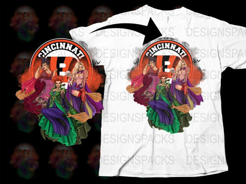 Cincinnati Bengals witch design t-shirt with vibrant Halloween graphics for print-ready use