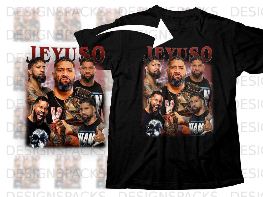 Black t-shirt featuring a graphic of wrestler Jey Uso holding championship belts.