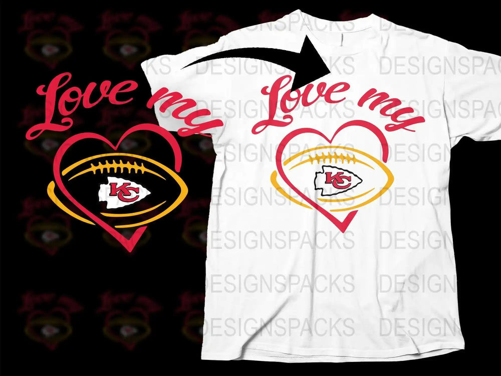 Love My Team T-Shirt, Kansas City Football Heart Design, Sports Fan Gift, White Graphic Tee