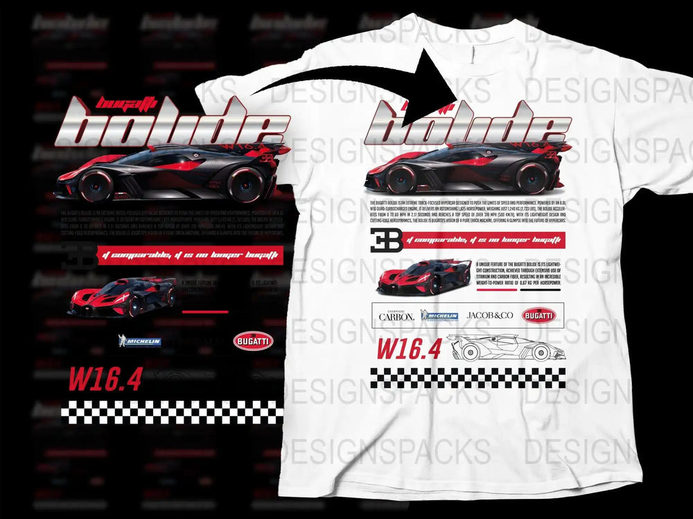 Bugatti Bolide hypercar t-shirt design with W16.4 engine specs and checkered flag graphics