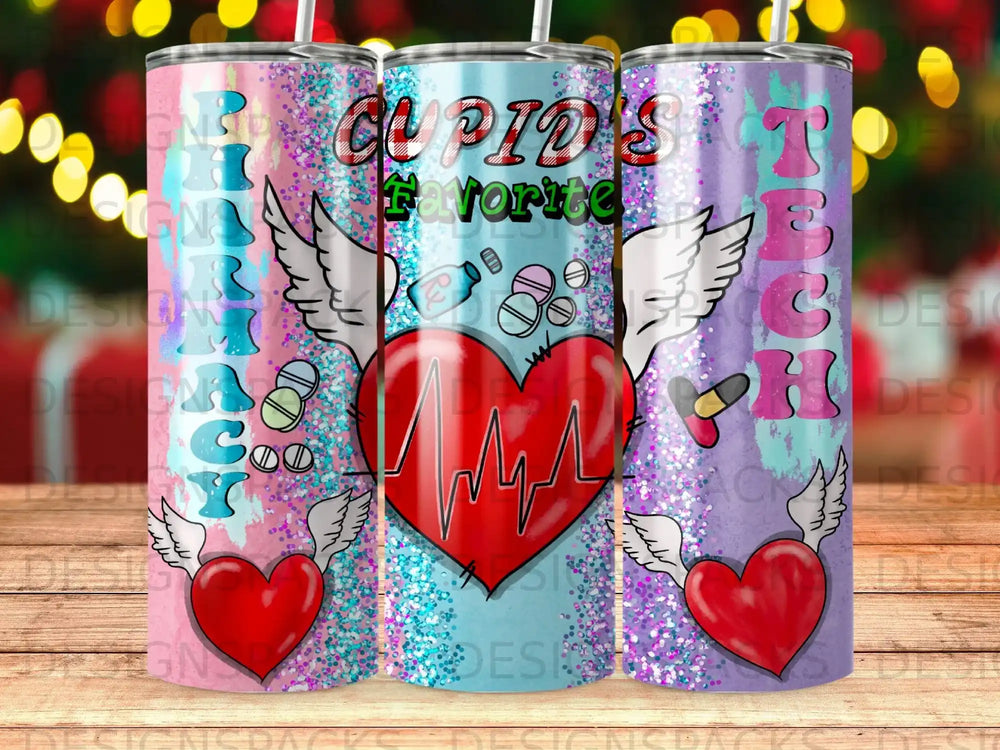 Cupid's Favorite Tech heart graphic with pills and wings on three tumblers.
