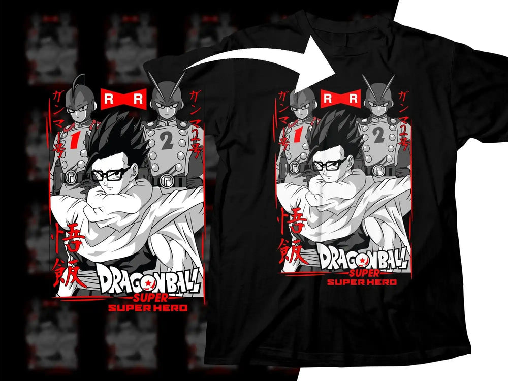 Dragon Ball Super Hero t-shirt design with Gohan and Androids 17 & 18, print-ready graphic