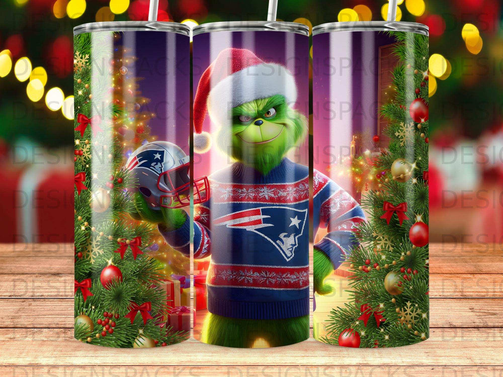 Grinch wearing a New England Patriots sweater holding a team helmet, surrounded by Christmas decorations.