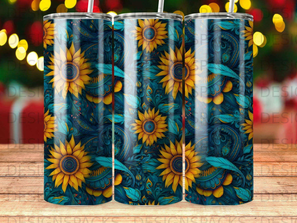 Sunflower and paisley pattern on a tall, skinny tumbler with a straw.