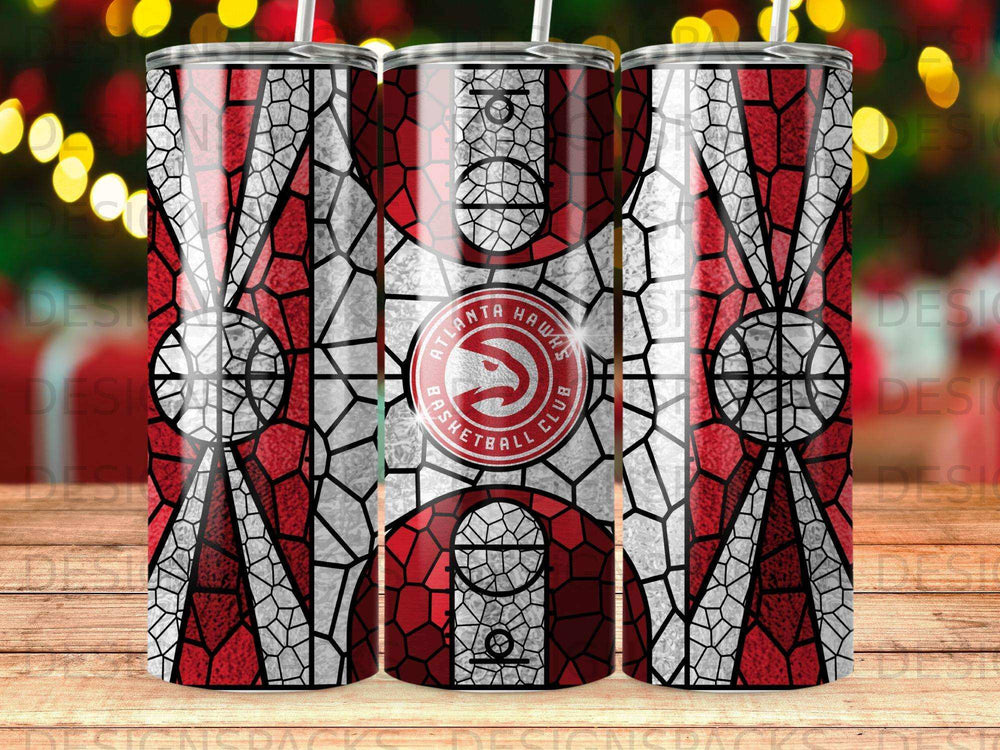 Atlanta Hawks basketball team logo on a stained glass-style tumbler.