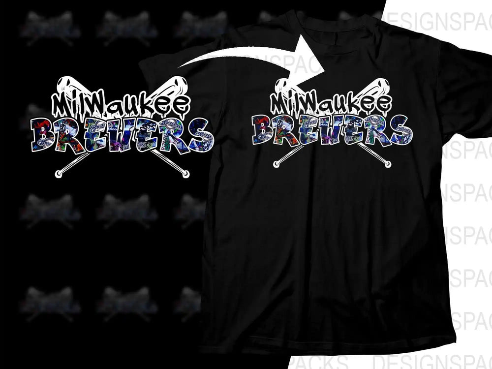Milwaukee Brewers t-shirt design with colorful, graffiti-style lettering and crossed bats