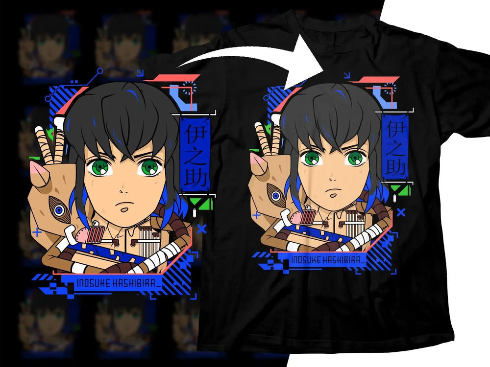 Inosuke Hashibira anime t-shirt design with vibrant colors and digital graphics