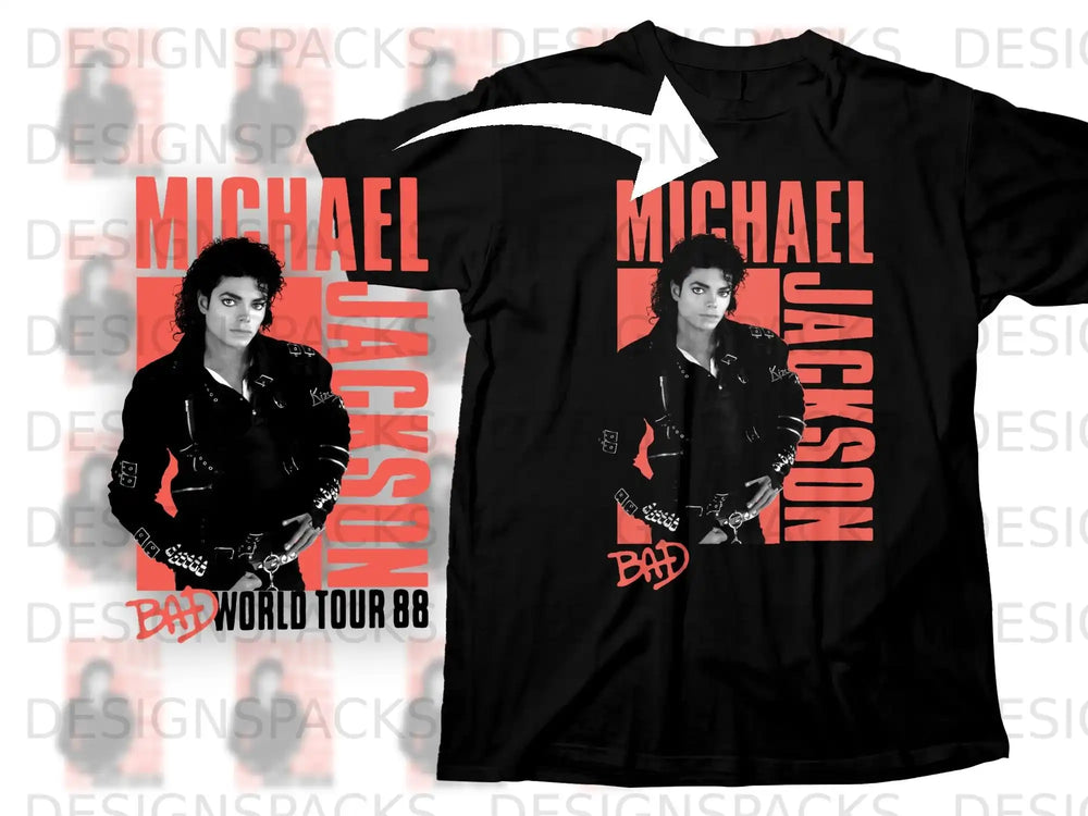 Black t-shirt with Michael Jackson Bad World Tour 88 graphic.