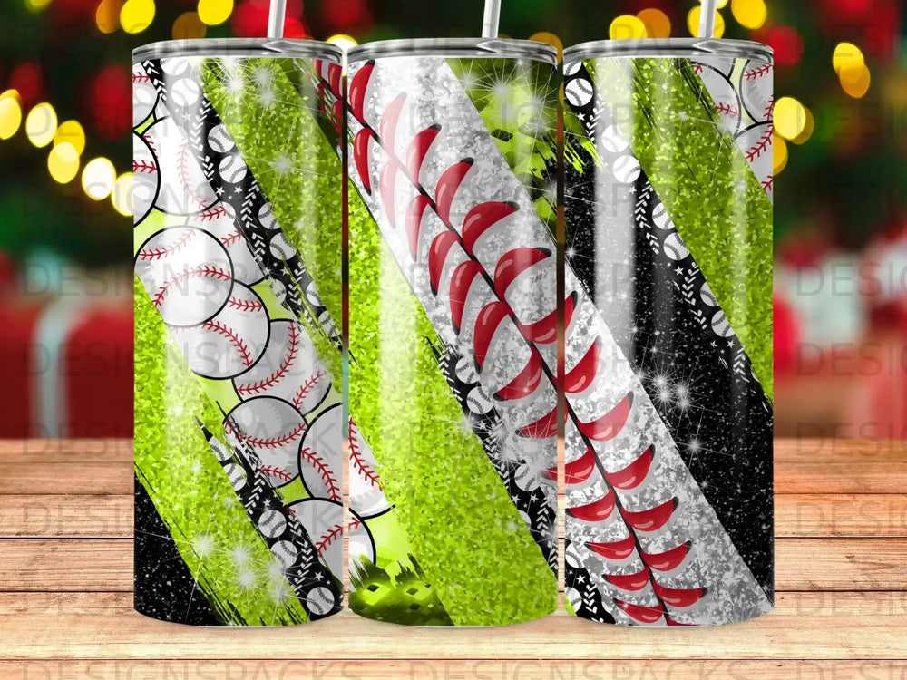 Three tumblers with baseball and glitter designs in green, white, and black.