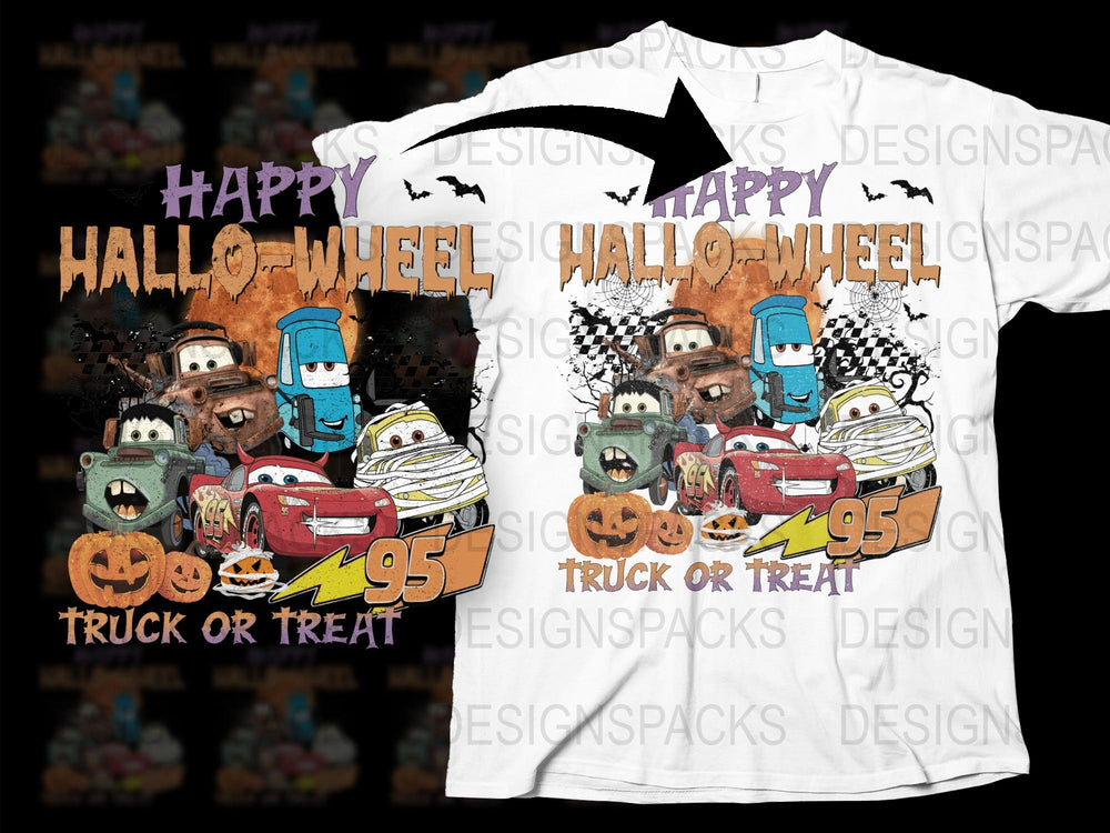 Happy Halloween Wheel Truck Treat T-Shirt, Kids Cars and Bats Graphic Tee, Festive Fall Apparel for Boys and Girls.