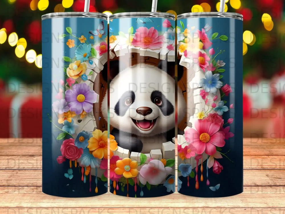 Panda peeking through colorful flowers and butterflies.