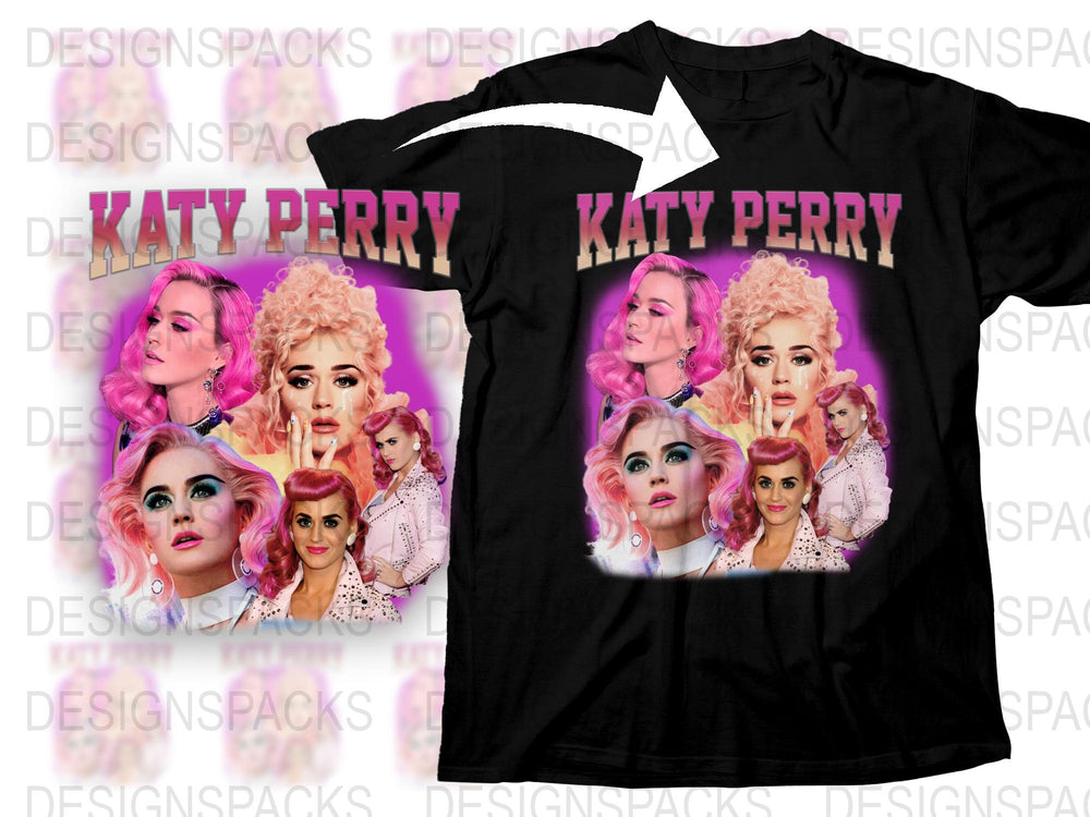 Katy Perry Graphic T-Shirt, Pop Icon Collage Tee, Music Fan Gift, Black Cotton Shirt, Unique Celebrity Portrait, Trendy Apparel