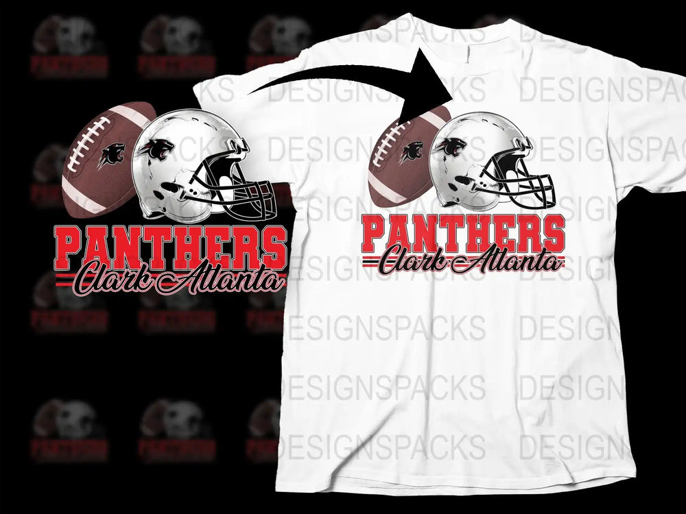 Panthers Clark Atlanta football helmet and ball design on white t-shirt, print-ready SVG/PNG for DTG/DTF