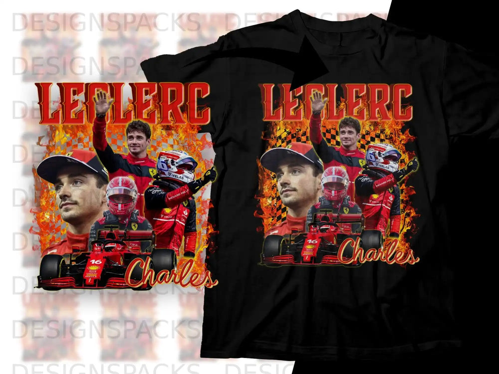 Charles Leclerc in Ferrari racing gear on a t-shirt design.