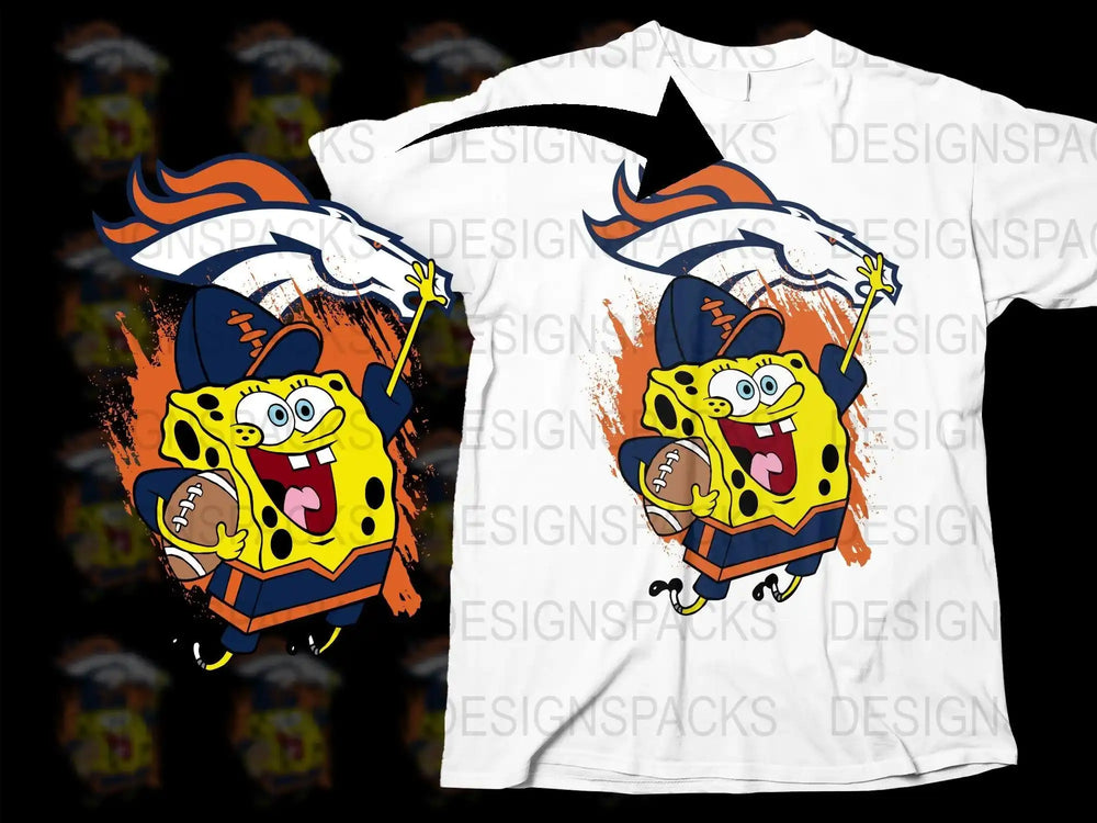 SpongeBob football design with Broncos logo, print-ready for DTG/DTF t-shirts