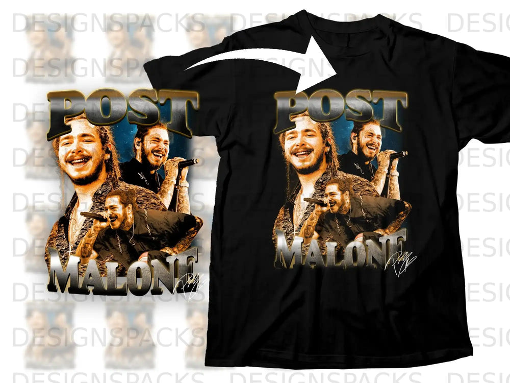 Black t-shirt with Post Malone graphic and signature.