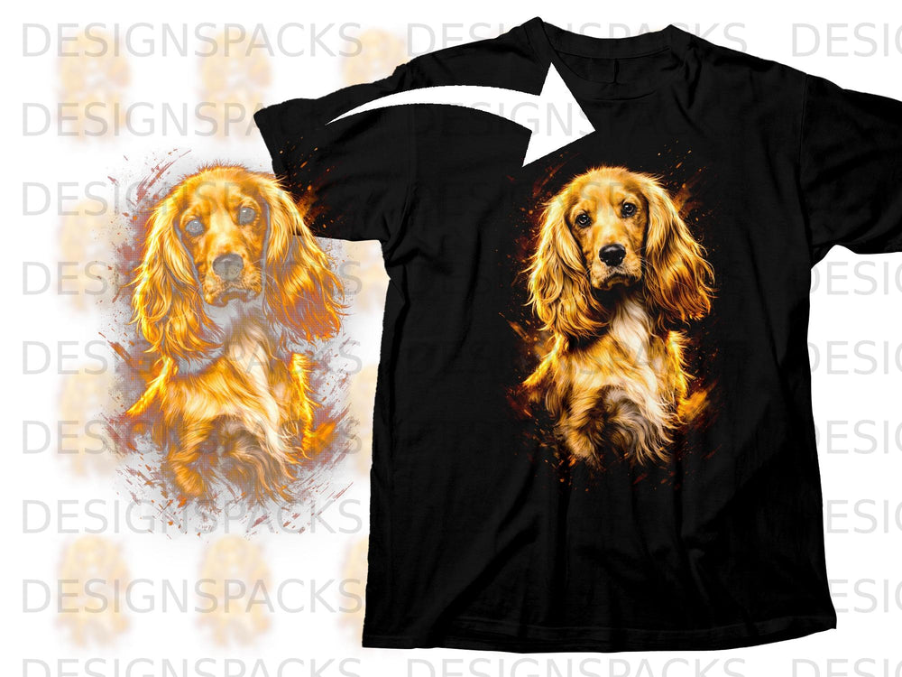Black t-shirt with an artistic rendering of a golden cocker spaniel.