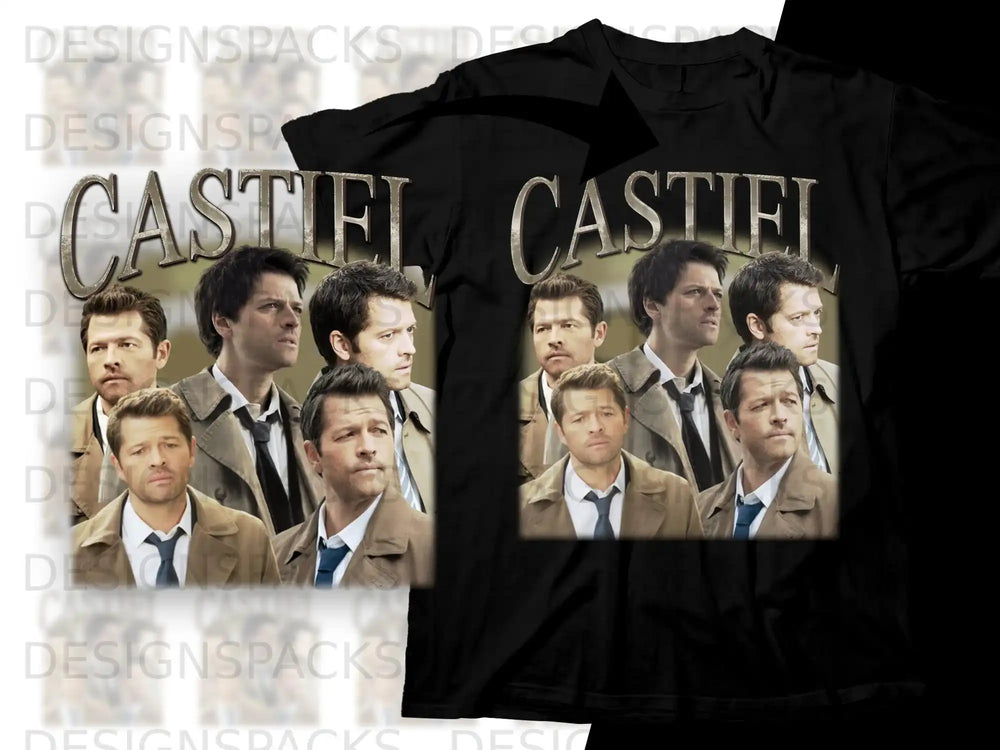 Black t-shirt with collage of Dean Winchester and Castiel from Supernatural.