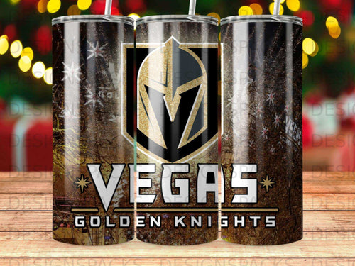 Golden Knights Vegas tumbler with gold helmet logo and stars.