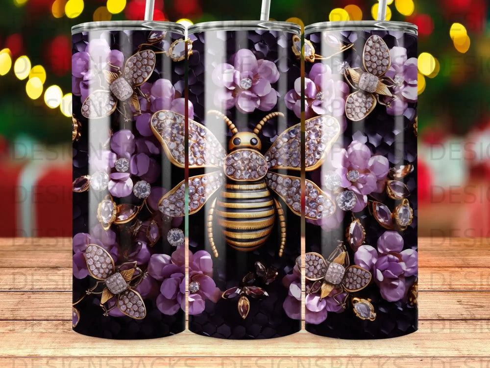 Bee with jeweled wings and floral pattern on a dark background.