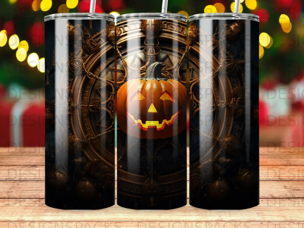 Halloween pumpkin face on a dark, ornate background with holiday lights.