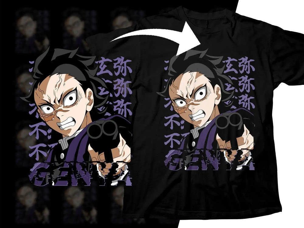 Anime character Genya design on black t-shirt with purple text, print-ready for DTG/DTF