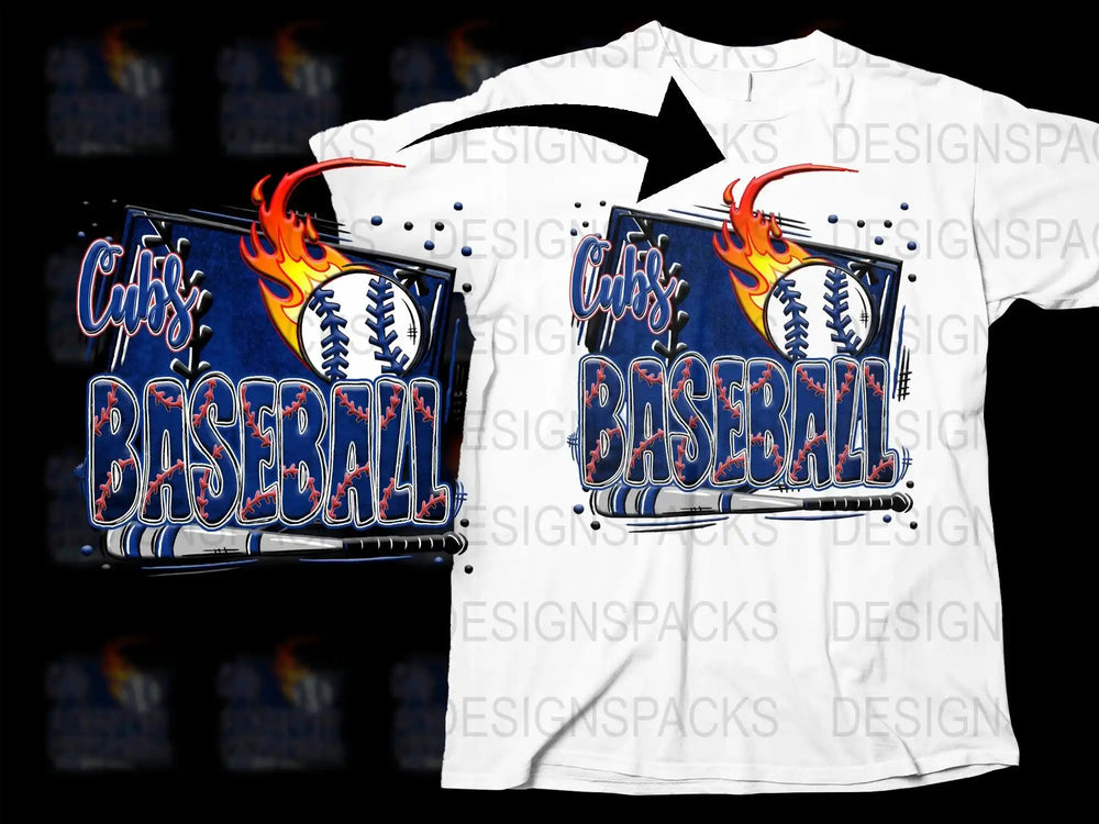 Cubs Baseball design with flaming ball and bat on white t-shirt, print-ready graphic
