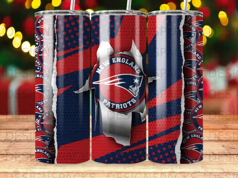 New England Patriots themed tumbler with logo and distressed flag design.