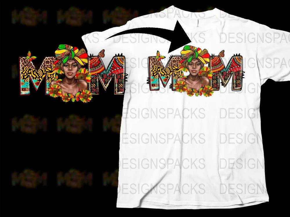 Vibrant 'MOM' t-shirt design with African patterns, sunflowers, and butterflies for DTG/DTF printing