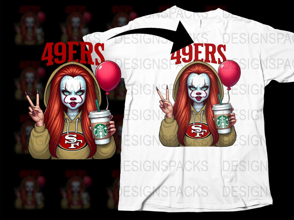 Scary Clown Horror T-Shirt, 49ers Fan Art, Creepy Clown with Balloon and Coffee, Unisex Graphic Tee