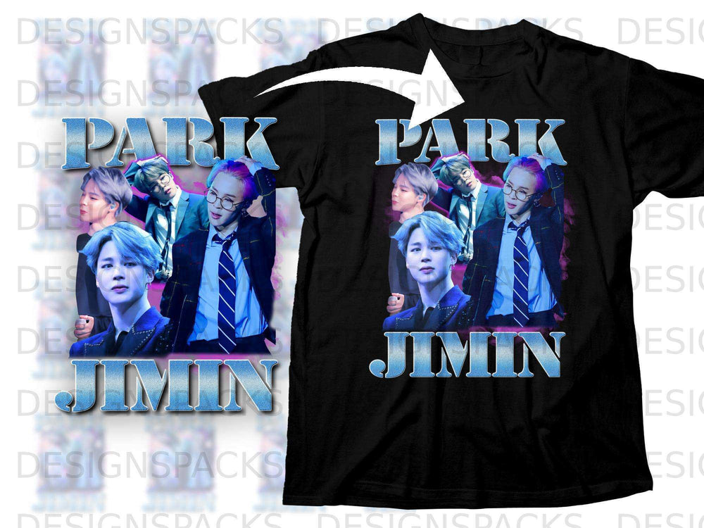 Black t-shirt with Jimin and "Park Jimin" text and graphic.