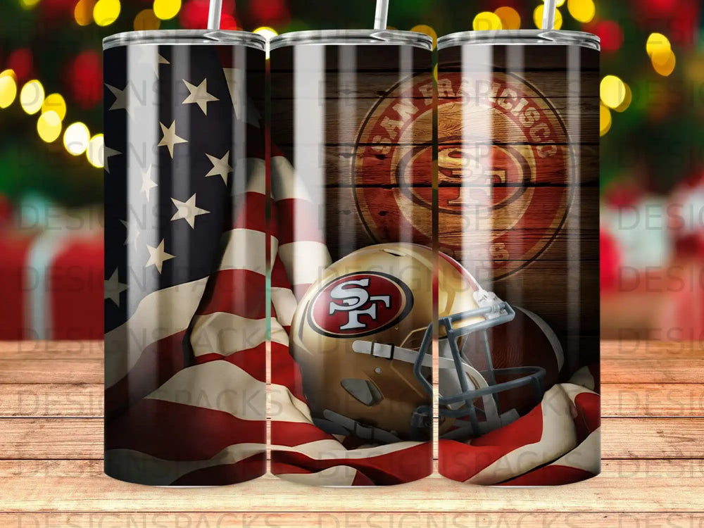 San Francisco 49ers helmet and American flag on rustic wood background.