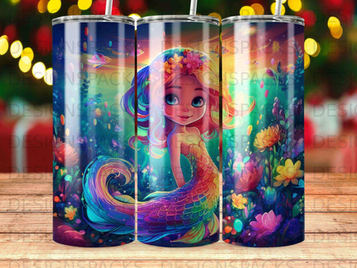 Mermaid with colorful tail among glowing underwater flowers.