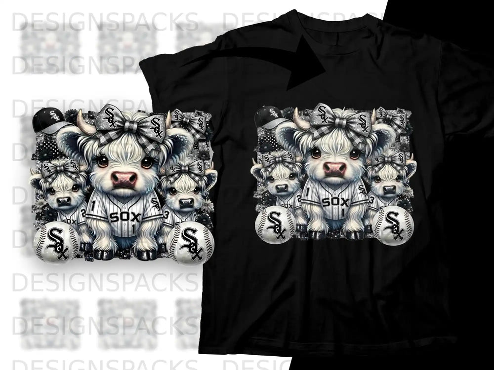 Cow with bow and baseball, "SOX" on shirt, on black t-shirt.