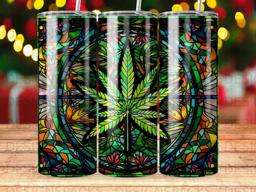 Stained glass tumbler with cannabis leaf design.