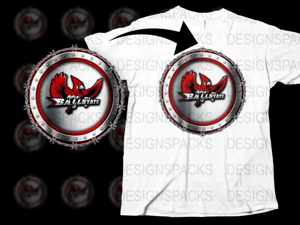 Red cardinal 'BALLSTATE' logo in metallic circular frame on white t-shirt, print-ready design