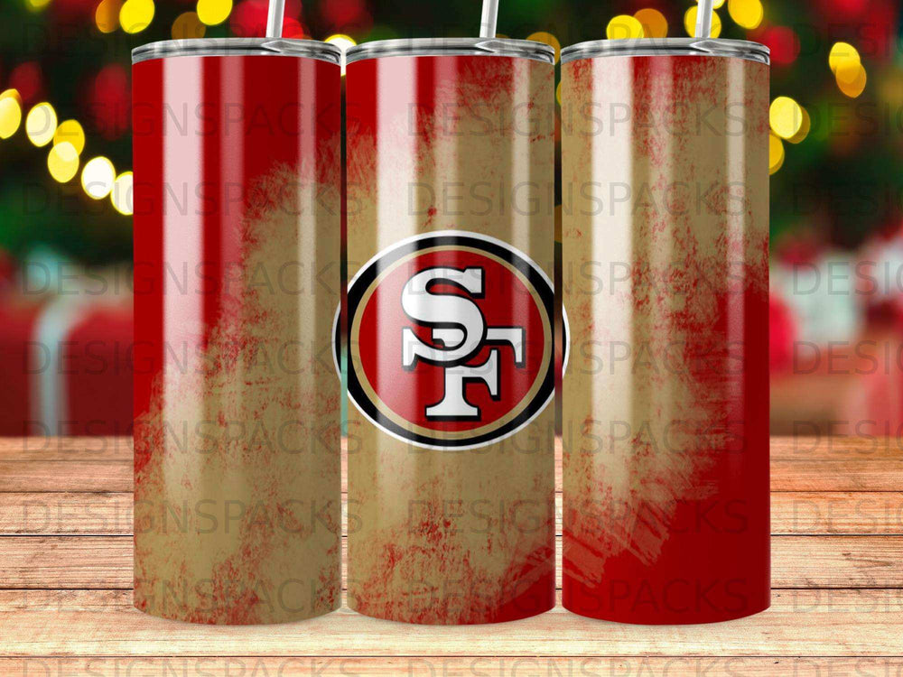 San Francisco 49ers logo on a red, white, and gold patterned tumbler.
