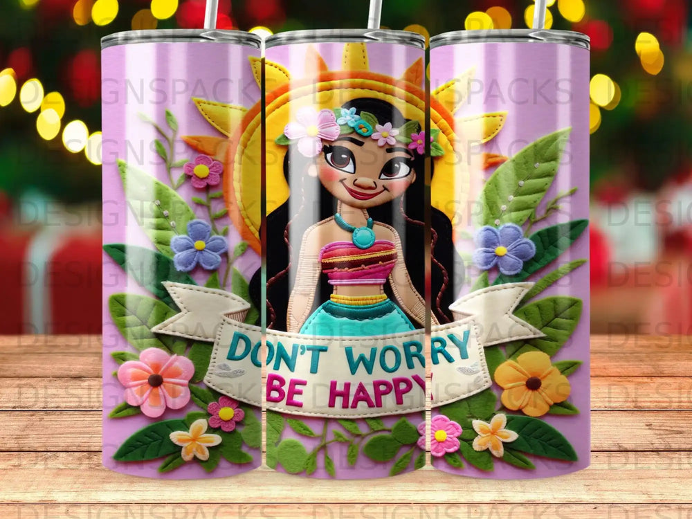 Illustration of Moana with "Don't Worry, Be Happy" banner.