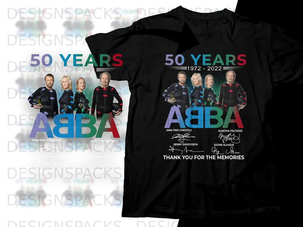 T-shirt with ABBA band members and "50 Years 1972-2022" text.