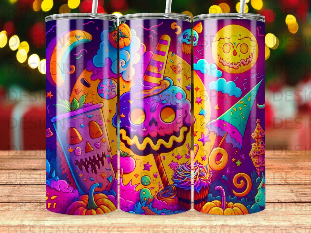 Halloween-themed tumbler with colorful spooky characters and candy designs.