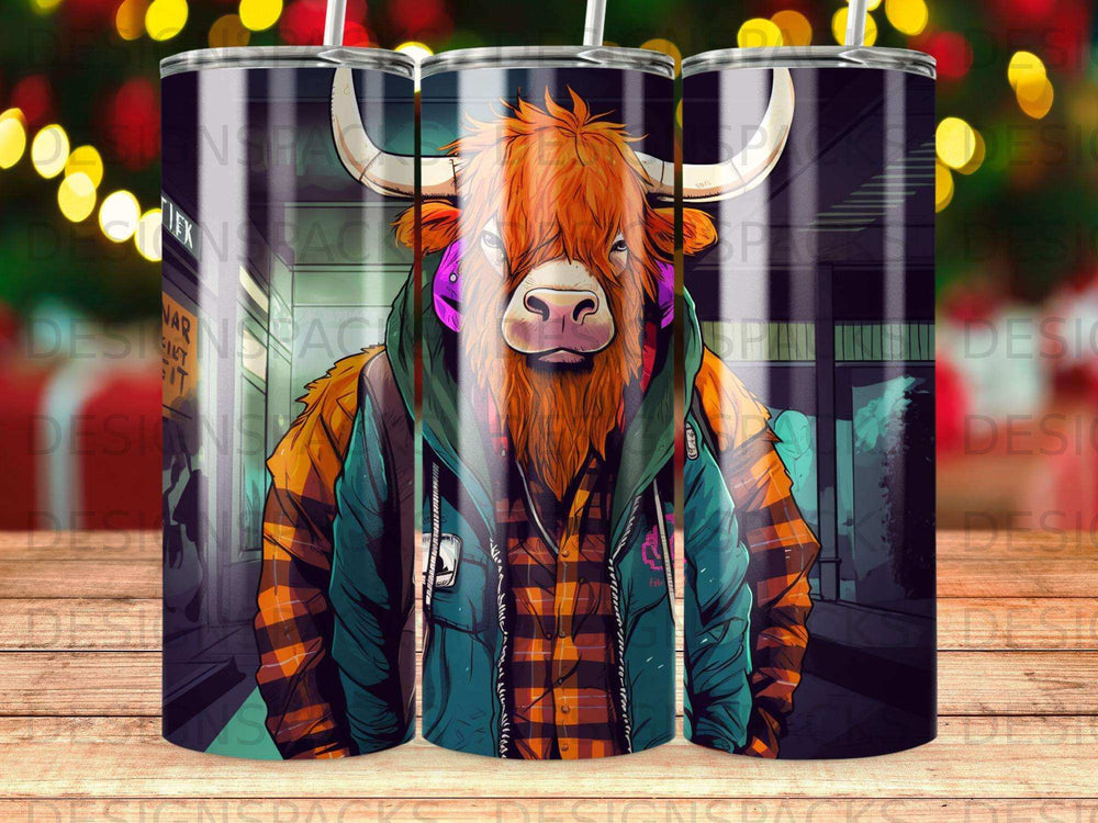 Illustration of a bull wearing headphones and a jacket.
