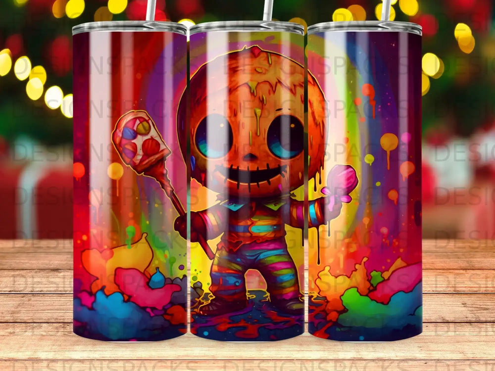Cartoon skeleton holding a lollipop, surrounded by colorful paint splatters.